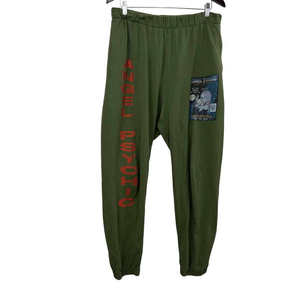 Boys Lie Sweatpants Womens 2XL Olive Green Angel Psychic Graphic Rhinestone Jog